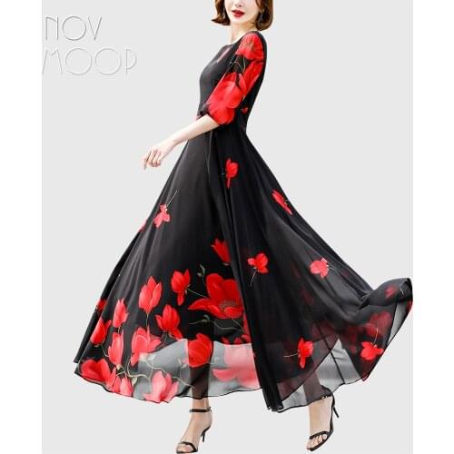 Novmoop soft drappery silky chiffon women dress fantastic floral print comes in two colors nice daily elegant wear LT3528