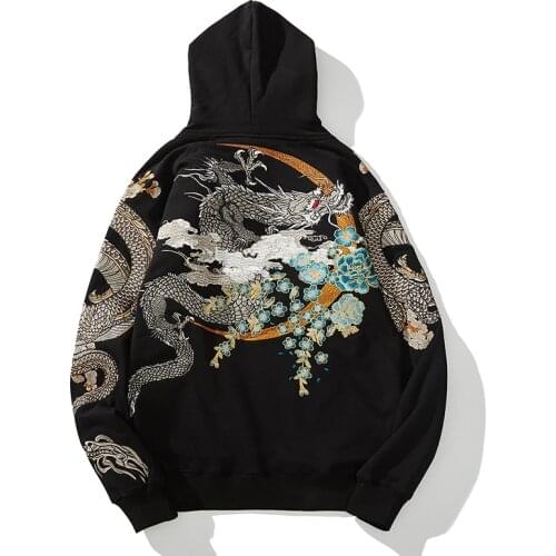 Makuluya Hoodies Yokosuka 4 beasts Black dragon White tiger Phoenix Suzaku Snake turtle Pattern Embroidered Pullover Sakura L
