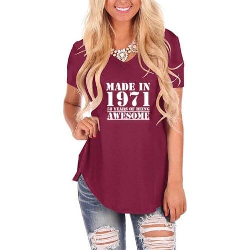 Made In 1971 50 Years Letter Print Women Loose T-Shirt V Neck Vintage Shirt for Female Femme 50th Birthday Gift Casual Top