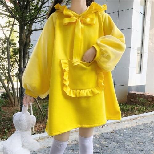 Women Cute Winter Hooded Bow Fleece Sweatshirts Japanese Harajuku Kawaii Big Pocket Full Sleeve Hoodie Soft Girl Student tops