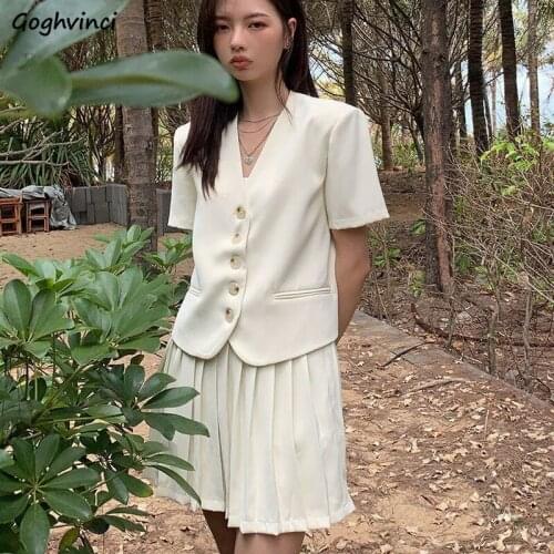 Women Sets Summer Short Sleeve V-neck Single Breasted Cloth Pleated Mini Skirts Fashion Office Lady Korean Style Female Elegant