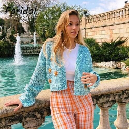 Foridol Flower Print Lantern Sleeve Short Sweater Cardigans Women Autumn Winter Blue Vintage Sweater Thick Fashion Sweater Coat