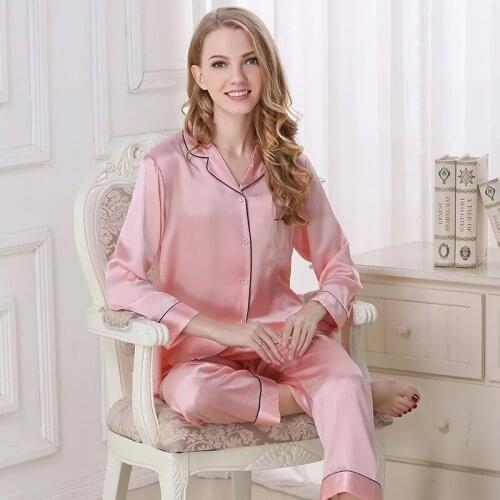 Womens Pajamas Set 100% Natural Silk Sleepwear Female Long-Sleeve Top Pants Two-Piece Sets Spring Summer New Style 2021