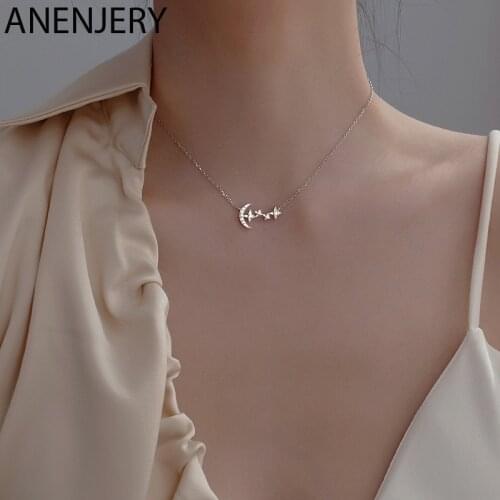 ANENJERY 925 Sterling Silver Glittering Zircon Moon Star Choker Necklace for Women Stretching Chain Necklace Wedding Gift S-N716