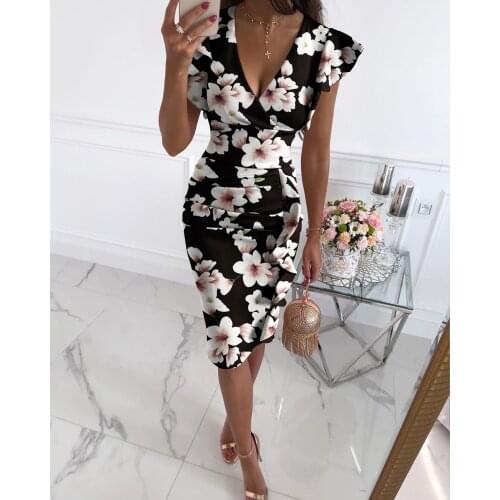 2021 Elegant Fashion Women Floral Print V-Neck Pleated Slit Midi Dress Workwear Party Bodycon Dress High Waist Skinny Sexy Robes