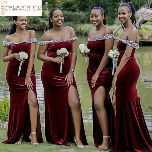 Velvet Burgundy Mermaid Bridesmaid Dresses African Off the Shoulder Beaded Wedding Guest Dress Side Split Maid Of Honor Gowns