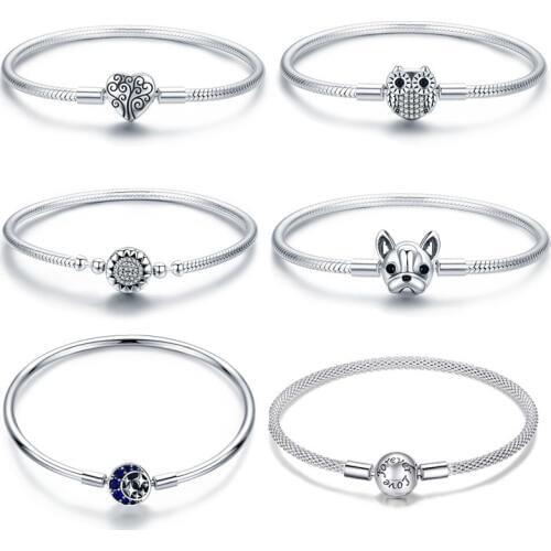 Fit Pan Charms Silver 925 Original CZ Heart Tree Moon Charm Bracelet S925 Forever Love Dog Owl Pet Beads Bangles for DIY Jewelry