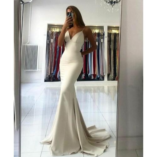 Long Spaghetti Mermaid V-Neck Wedding Dresses Sexy Criss Cross Back Satin Sweep Train Abendkleider Maxi Bridal Gowns for Women