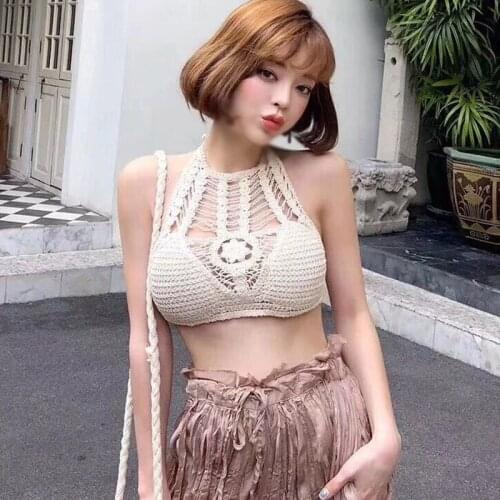 Women Summer Hollow Out Sexy Lace Up bikini Top Halter neck Backless Camisole Tops Slim knitted Backless corsets Crop Tops