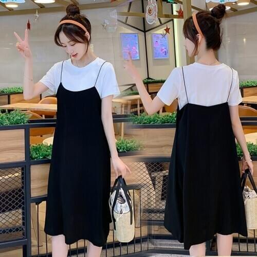 Pregnant Women Clothes Set Summer Comfortable Fashion Cotton Lactation T-shirt+Strap Dress Two Pieces Set Maternity Nursing Suit