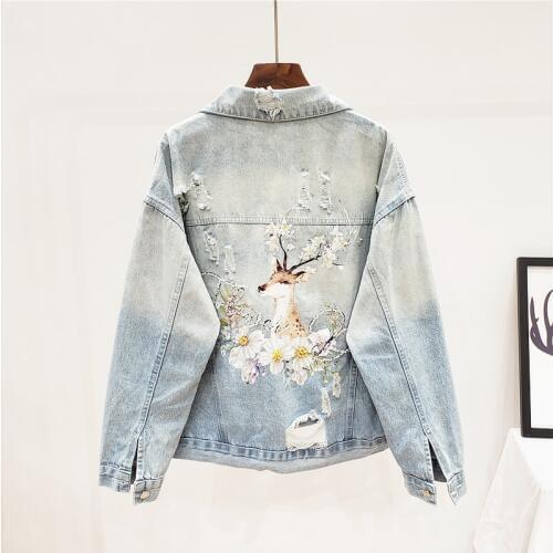 Korean Fashion Beading Embroidery Pattern Holes Denim Jacket Women Basic Outerwear Casual Loose Short Jeans Jacket Coat Female