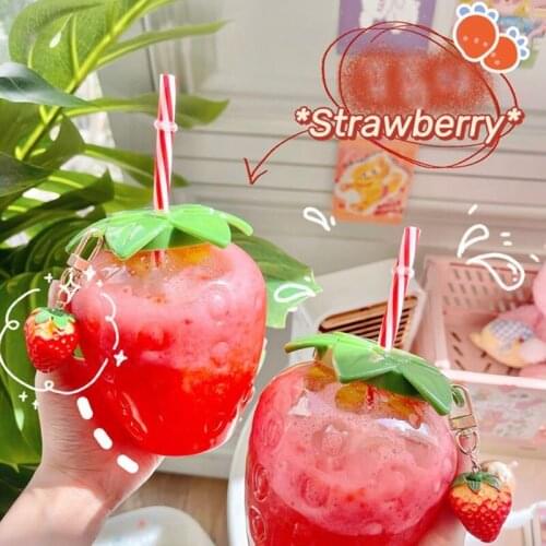 Summer cartoon kawaii strawberry straw cup plastic cup lovely girl milk tea coffee cup student portable water cup water bottle