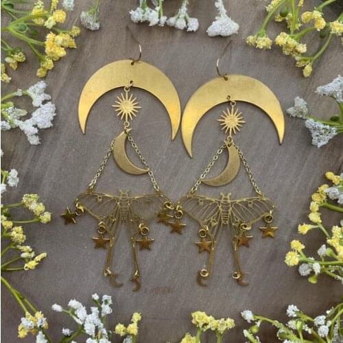 Lunar Celestial Moth Earrings Celestial Earrings Boho Earrings Sun Moon Earrings Witchy Gypsy Earring