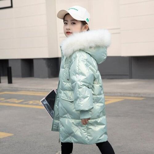 2021 Fashion Girls Winter Down Coat Faux Fur Hooded Parkas Children Thickening Warm Bright Jacket For Girls Outerwear Snowsuit