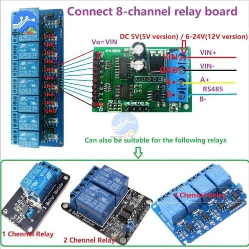 8CH DC 5V 6-24V RS485 RS232 (TTL) Modbus RTU Control Module UART for Relay Switch Board PLC 8-channel RS485 Module 12V