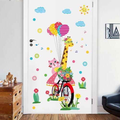 Cartoon PVC Wall Stickers for Kids Rooms Decoration Cute Animal Giraffe Cat Balloon Bike Door Stickers Childrens Vinyl Decals