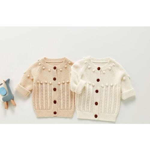 2021 Autumn New Baby Girl Knit Cardigan Long Sleeve Pompom Sweater Solid Color Baby Knitted Jacket Simple Sweater Infant