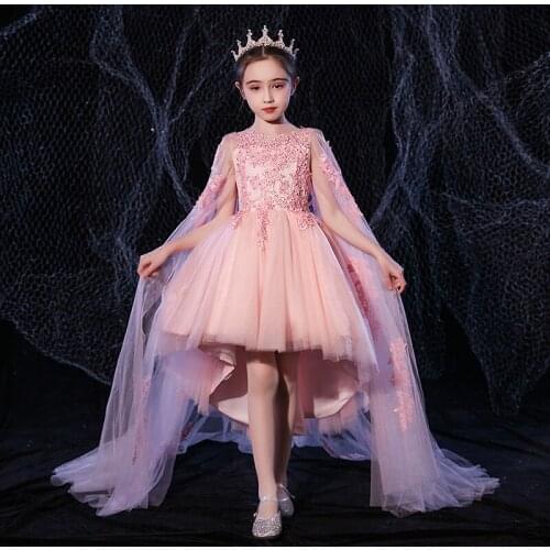 Flower Girl Dresses Illusion O-Neck Sleeveless Embroidery Crystal Princess Knee-Length Tulle Lace Luxury Kids Party Gown H650