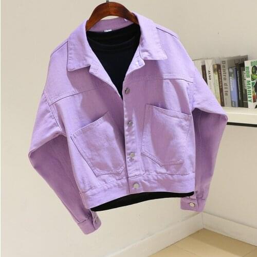 Harajuku Purple Denim Jacket Women Loose Chaqueta Mujer Korean Fashion Big Pocket Batwing sleeve Short Jeans Jackets Coat Female