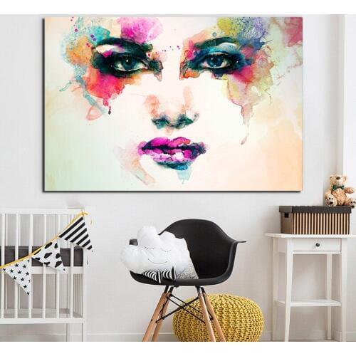 SELFLESSLY Watercolor face canvas painting Pink eyes and mouth Abstract Painting Art Vintage Posters Photos Home decoration