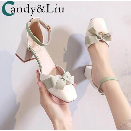 Sandals Womens Chunky Heel High Heels 2020 New Summer Shoes Buckle Strap Bow Semi-High Heeled Fashion Hollow Casual Shoes