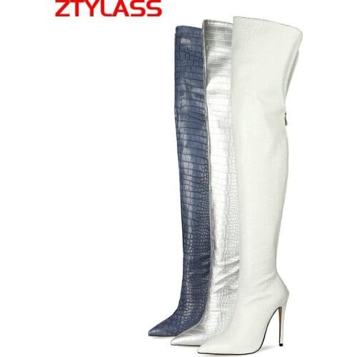 2021 Autumn Winter Women Boots Sexy Stiletto Zipper Over The Knee Boots Ladies Stone Print Pointed Toe Thigh Boots Size 34-45