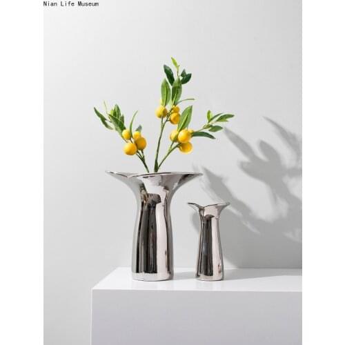 Modern luxury ceramic flower vase silver plated Nordic living room flower arrangement ornaments home interior decorations gifts