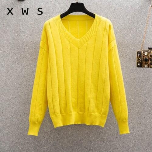 High Quality V-NECK autumn winter oversized Sweater Pullover Women big size Solid Knitted Sweater casual Female Sweater