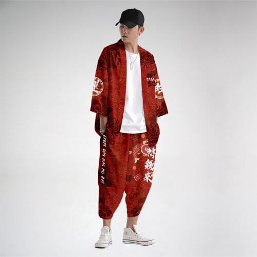 Crap Printed Japanese Style Vintage Kimono Haori And Pants Men Traditional Harajuku Streetwear Samurai Cardigan Costume Yukata