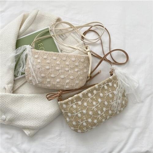 Vintage Women Summer Lace Flower Embroidery Small Woven Shoulder Crossbody Bags Shoulder Bags Casual Woven Handbags