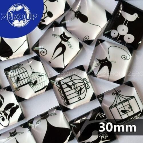 ZEROUP 10pcs/lot 30mm clear square glass cabochon cat and bird pattern black and white color fit cameo base setting