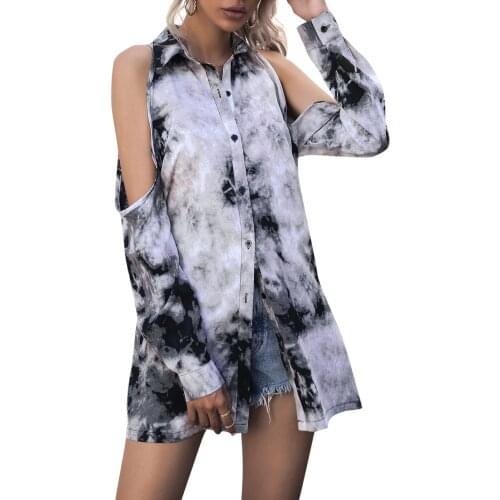 2021 Spring New Fashion Women T-shirts Off the Shoulder Tie Dye Shirt Tunics Hollow Out Buttons Fit Casual Mujer Tops