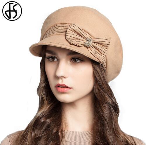 FS Solid Color Newsboy Cap Women Winter Wool Felt Hats With Bowknot Wide Brim Gorras Planas Octagonal Cap Beret Femme Hiver