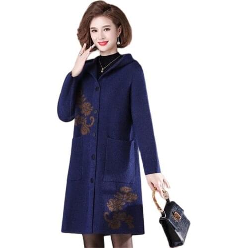 Womens Cashmere Sweater Coat 2021 Autumn Long Hooded Woolen Coat Middle Aged Female Double Sided Jacket Plus Size 5XL W2368