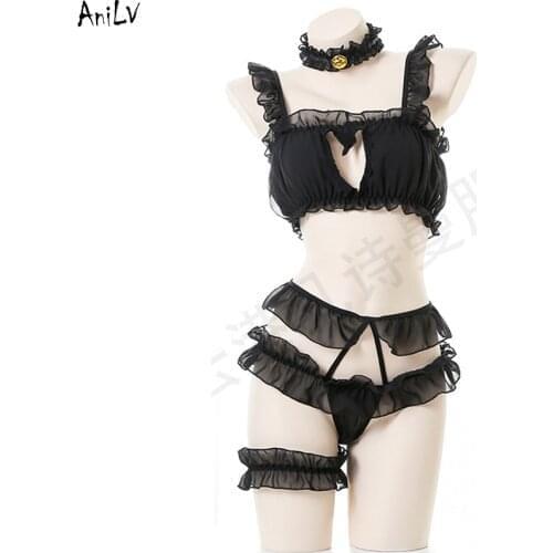 AniLV Lolita Girl Cute Cat Love Maid Swimsuit Costume Sexy Chiffon Kawaii Bell Swimwear Uniform Pool Party Cosplay