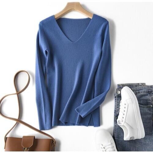 2020 Womens Sweater Autumn And Winter Long-sleeved Knit Solid Color Pullover Womens Casual Knit V-neck Sweater