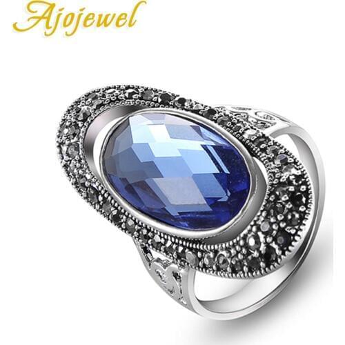 Ajojewel Brand Fashion Vintage Oval Shaped Blue/Green Crystal Ring For Women