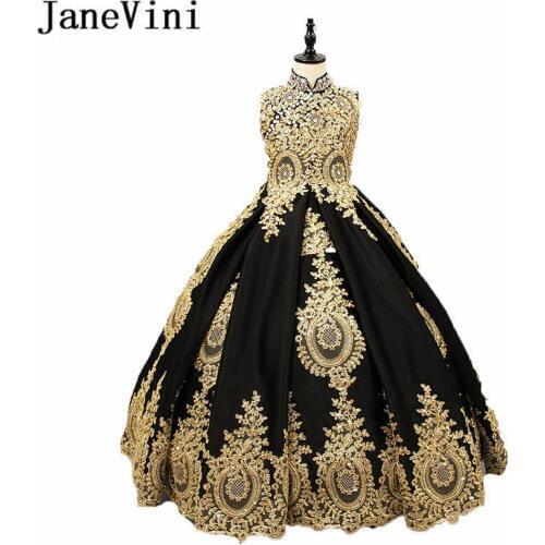 JaneVini High Neck Black Crystal Flower Girl Dresses Gold Lace Appliques Ball Gown Pageant Gowns Robe De Mariage Enfant Fille
