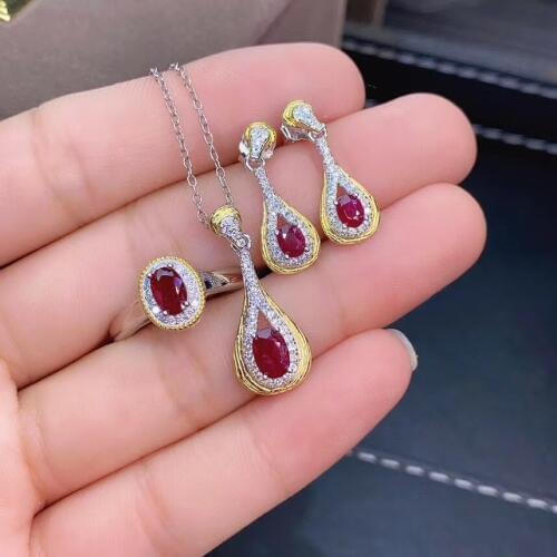 100% Natural and Real Ruby jewelry set Natural Real Ruby 925 sterling silver 1pc Ruby pendant,1pc ruby ring,2pcs ruby Earring