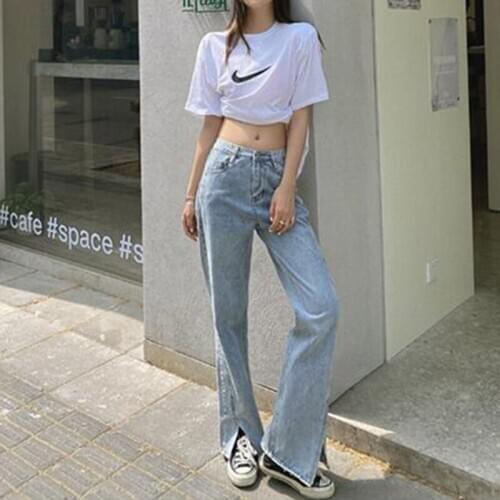 2020 Vintage High Waist Straight Jeans Pant for Women Streetwear Casual Female Denim Jeans Buttons Side Split Ladies Jeans