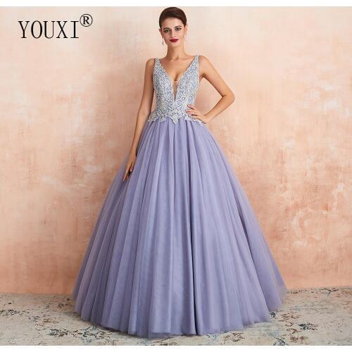 YOUXI Ball Gown Evening Dress 2020 Plunging Appliques Beaded Long Prom Formal Gown Burgundy robe de soiree abendkleider lang