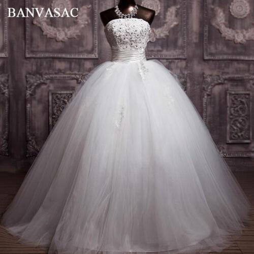 BANVASAC 2017 New Elegant Flowers Strapless Wedding Dresses Crystals Sleeveless Satin Lace Bridal Ball Gowns