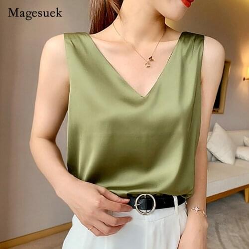 French Women Loose Silk Blouse Fashion V-neck Solid Satin Sling for Women Elegant Sexy Sleeveless Oversize Blouse Blusa 15501