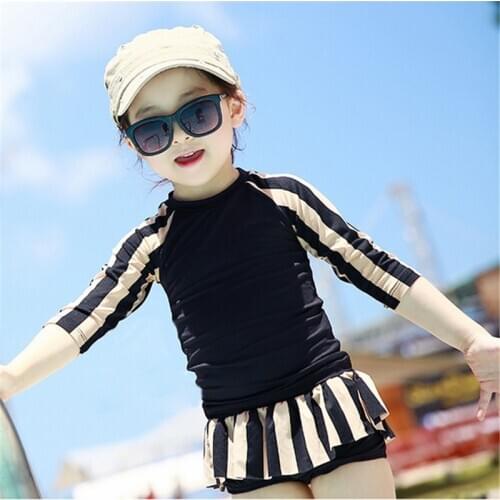 1-12 Y Kids Two Pieces Swimsuit Girls Swimwear Black Pink Srtipe Baby Bathing Suit Children Swim Pool Sandy Beachwear