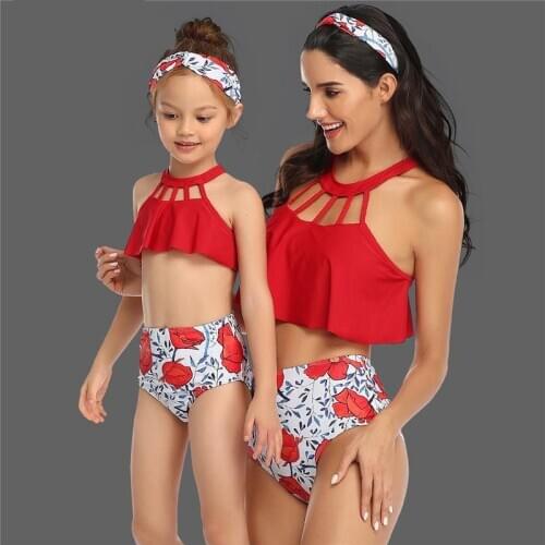 Family Mom And Girls Fashion Two Piece Swimsuit Tankini Plus Size Women Print Red Blue Swimwear