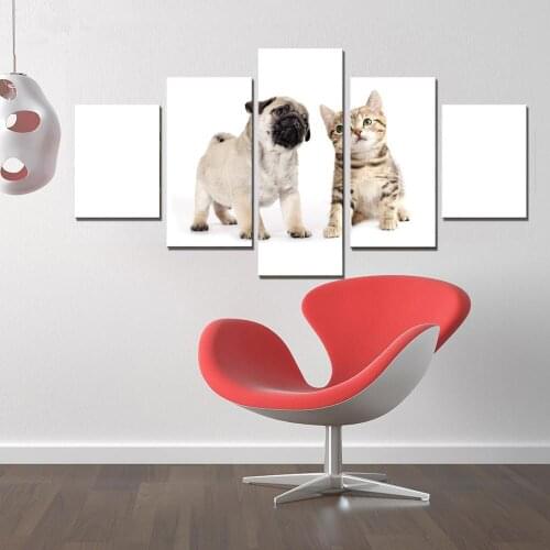 Framed Canvas HD Prints Paintings Home Decor Living Room 5 Pieces Cute Dog Pugs Puppies And Kitty Poster Modular Cat