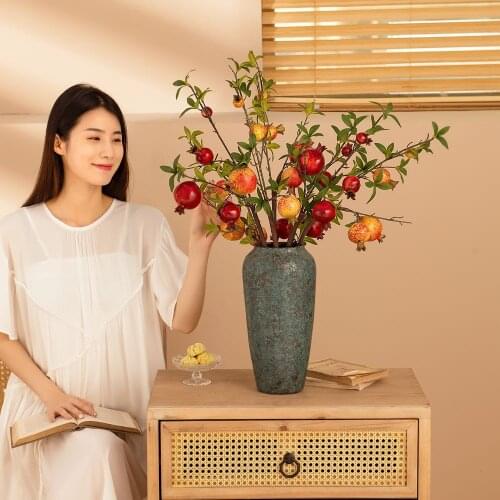 4 Heads Artificial Pomegranate Fruit Branch Fake Green Plants Wedding Home Party Living Room Festival Christmas Vase Decoration