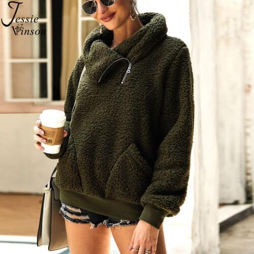 Jessie Vinson Turn-down Collar Zipper Front Pocket Warm Fleece Sweatshirt Women Winter Thick Casual Faux Fur Pullover Hoodie