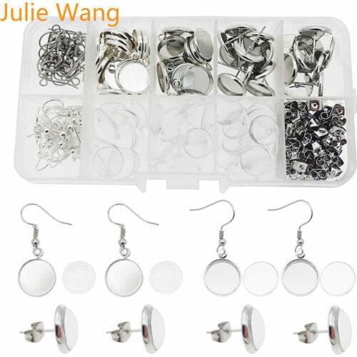Julie Wang 180PCS/Box Stailess Steel Cabochons Base Setting With 12mm Glass Stud Earring Accessory Set Earrings Jewelry Making