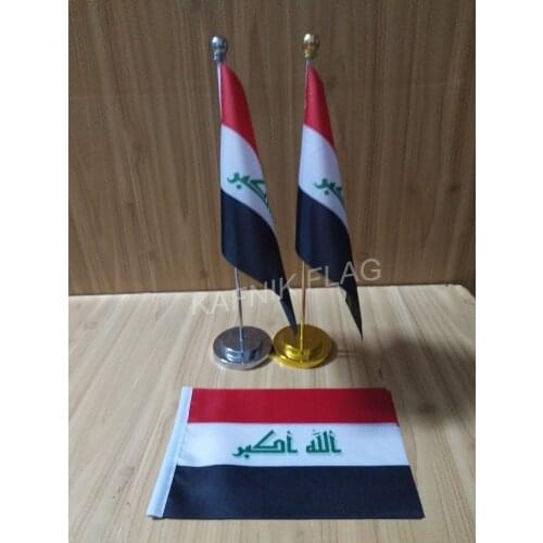 KAFNIK,Iraq Office table desk flag with gold or silver metal flagpole base 14*21cm country flag free shipping